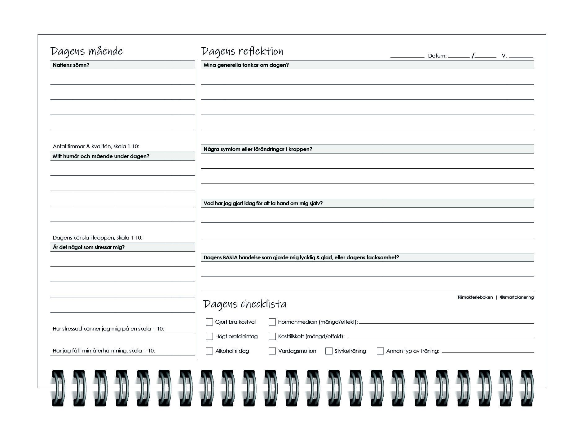 Klimakterieboken, daglig summering om ditt mående med sömn, stress, humör och dagens checklista