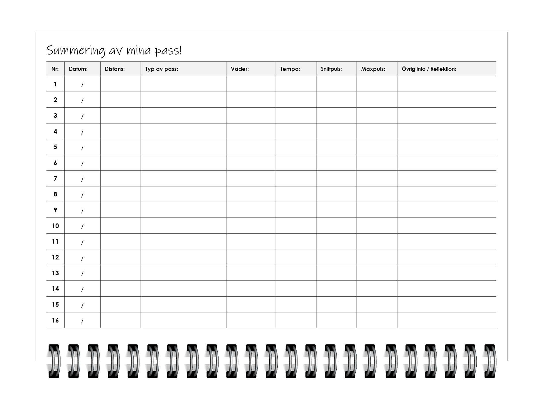 Träningsdagbok för löpare, summering av mina pass